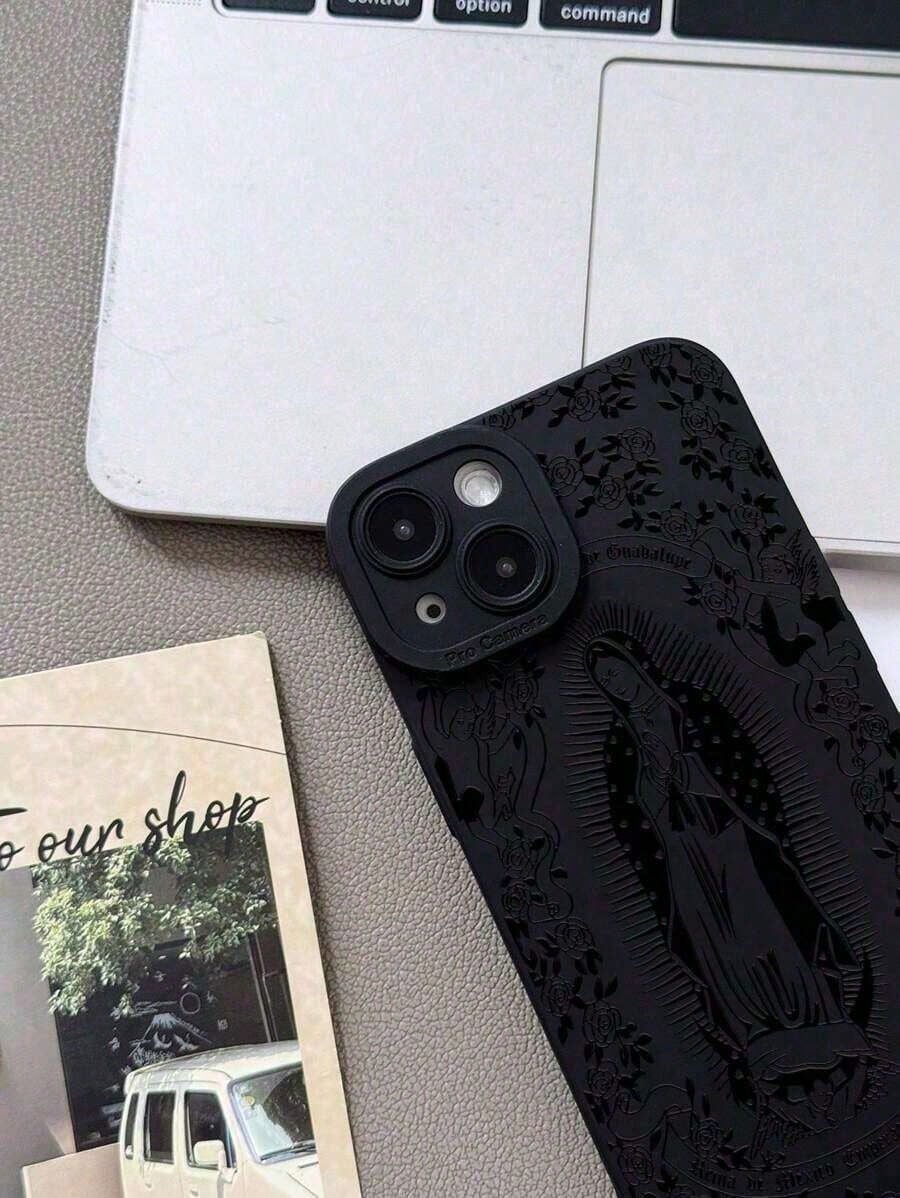Jesus 1pc Minimalist Rose Virgin Mary Pattern Black Cat Eye Full Coverage Mobile Phone Soft Case Compatible With Iphone Suitable For IPhone17/IPhone17 Air/IPhone17 Pro/IPhone17 Pro Max/16 Pro Max/15 P