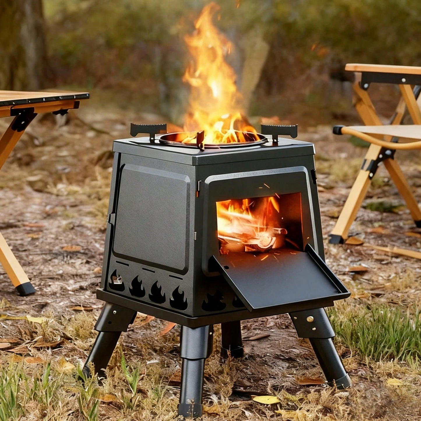 JIASLING Wood Burning Camp Stove Portable Cast Iron Wood Stove For Outdoor Hiking Picnic BBQ Travel Black