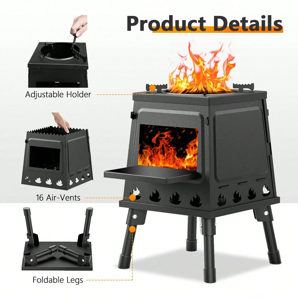 JIASLING Wood Burning Camp Stove Portable Cast Iron Wood Stove For Outdoor Hiking Picnic BBQ Travel Black