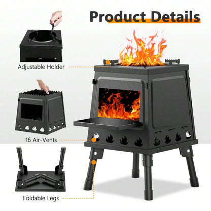JIASLING Wood Burning Camp Stove Portable Cast Iron Wood Stove For Outdoor Hiking Picnic BBQ Travel Black