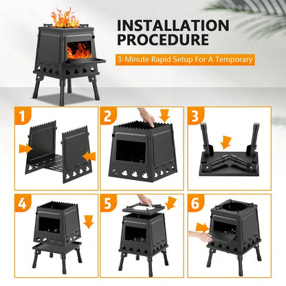 JIASLING Wood Burning Camp Stove Portable Cast Iron Wood Stove For Outdoor Hiking Picnic BBQ Travel Black