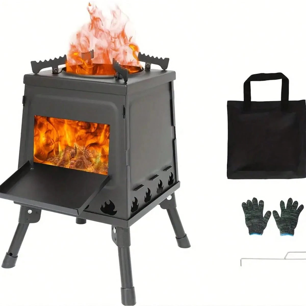 JIASLING Wood Burning Camp Stove Portable Cast Iron Wood Stove For Outdoor Hiking Picnic BBQ Travel Black