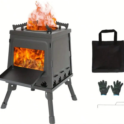 JIASLING Wood Burning Camp Stove Portable Cast Iron Wood Stove For Outdoor Hiking Picnic BBQ Travel Black