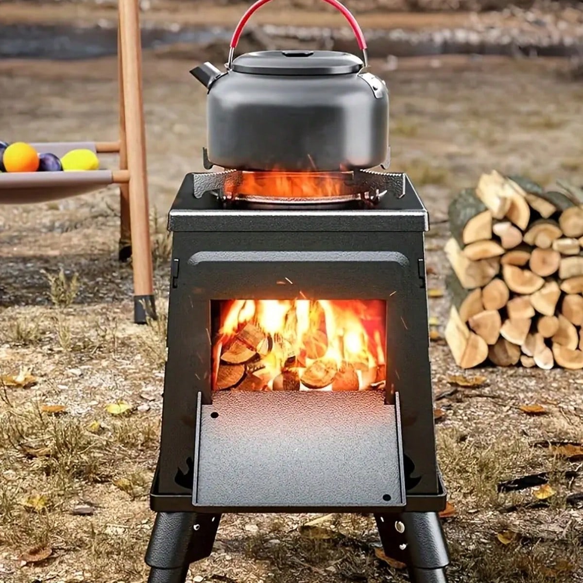 JIASLING Wood Burning Camp Stove Portable Cast Iron Wood Stove For Outdoor Hiking Picnic BBQ Travel Black
