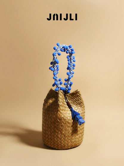 JNIJLI 1pc Boho Vacation Retro Style Tassel Handmade Straw Bucket Bag, Handbag, French Vintage Woven Bag, Versatile For Daily Commute, Fashion Business Casual, Travel Vacation, Beach Wedding, Picnic
