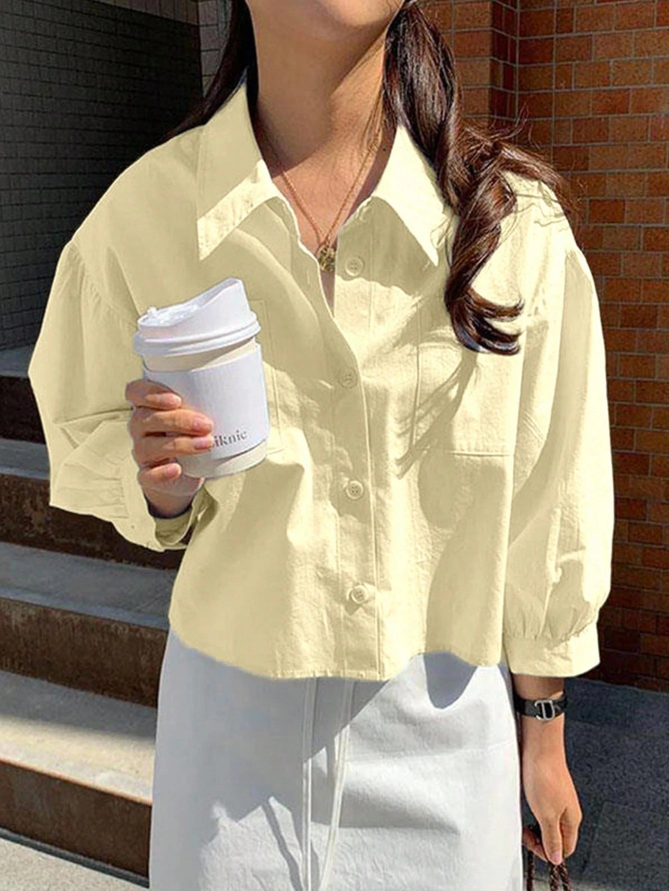 Jouncy Women's Solid Color Loose Short Casual Long Sleeve Shirt, For Summer
