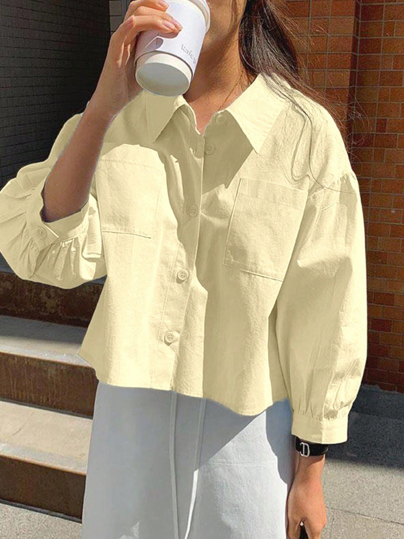 Jouncy Women's Solid Color Loose Short Casual Long Sleeve Shirt, For Summer