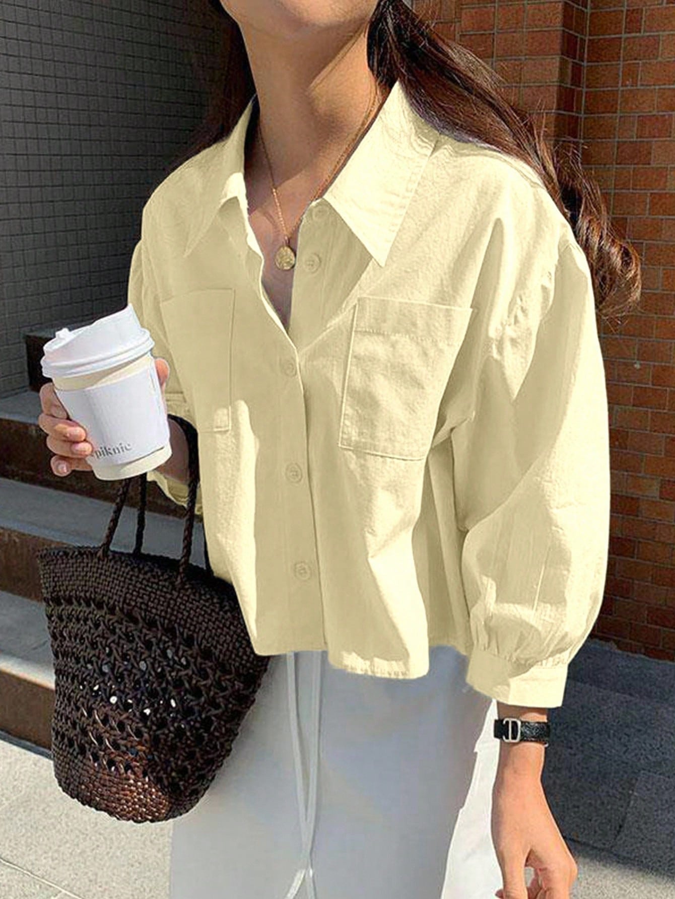 Jouncy Women's Solid Color Loose Short Casual Long Sleeve Shirt, For Summer