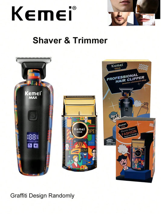 Kemei Electric Beard Hair Trimming & Shaver For Men Fashion Design Graffiti Men's Personal Hair Trimming For Daily Use, Portable Shaver & Hair Trimmer Sideburn, T-Blade Hair Trimmer,Vacation Use Mini