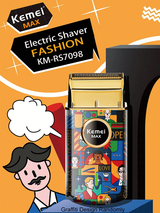 Kemei KM-RS7098 Portable Shaver Titanium Foil Reciprocating Shaver Professional Barber Electric Men's Razor New Year Gift For Men Graffiti Pattern Boyfriend Gift
