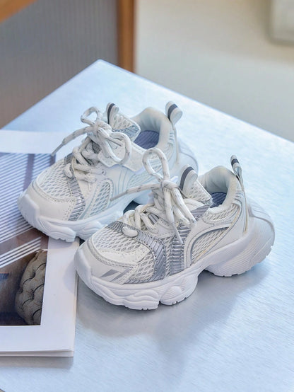 Kids' Colorblock Lace-Up Thick Sole Athletic Shoes, Shock-Absorbing Anti-Slip Thick Sole Daily Sports Training Shoes
