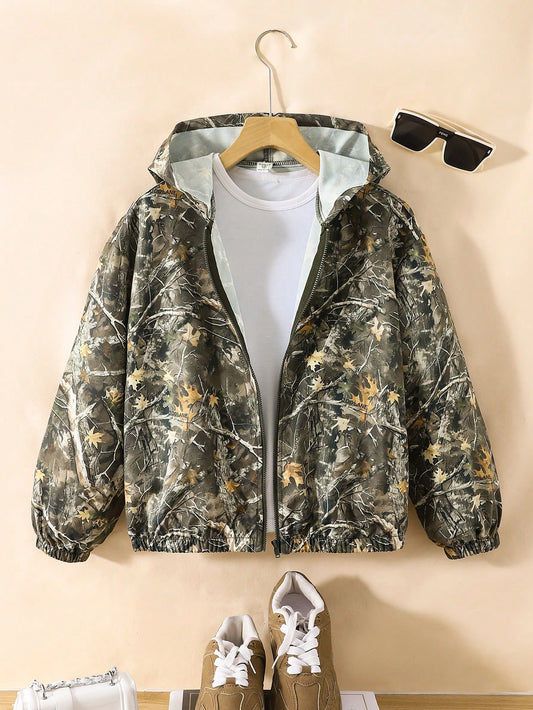 Kids Young Boys Clothes Casual Sports Street Green Camouflage Branch Pattern Printed Hooded Autumn Jacket Back To School Clothe Boys School Clothes