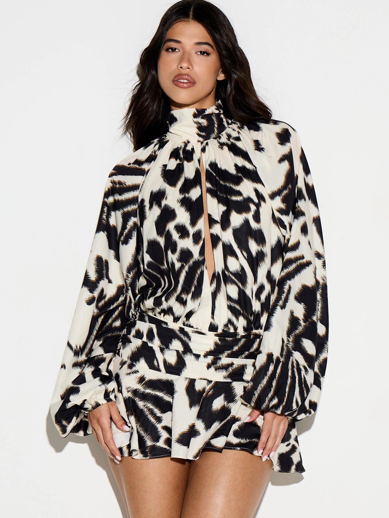 KIZN Animal Print High Neck Plunge Front Mini Dress With Long Puff Sleeves And Ruffle Details Belt Waist Fit Flare Party