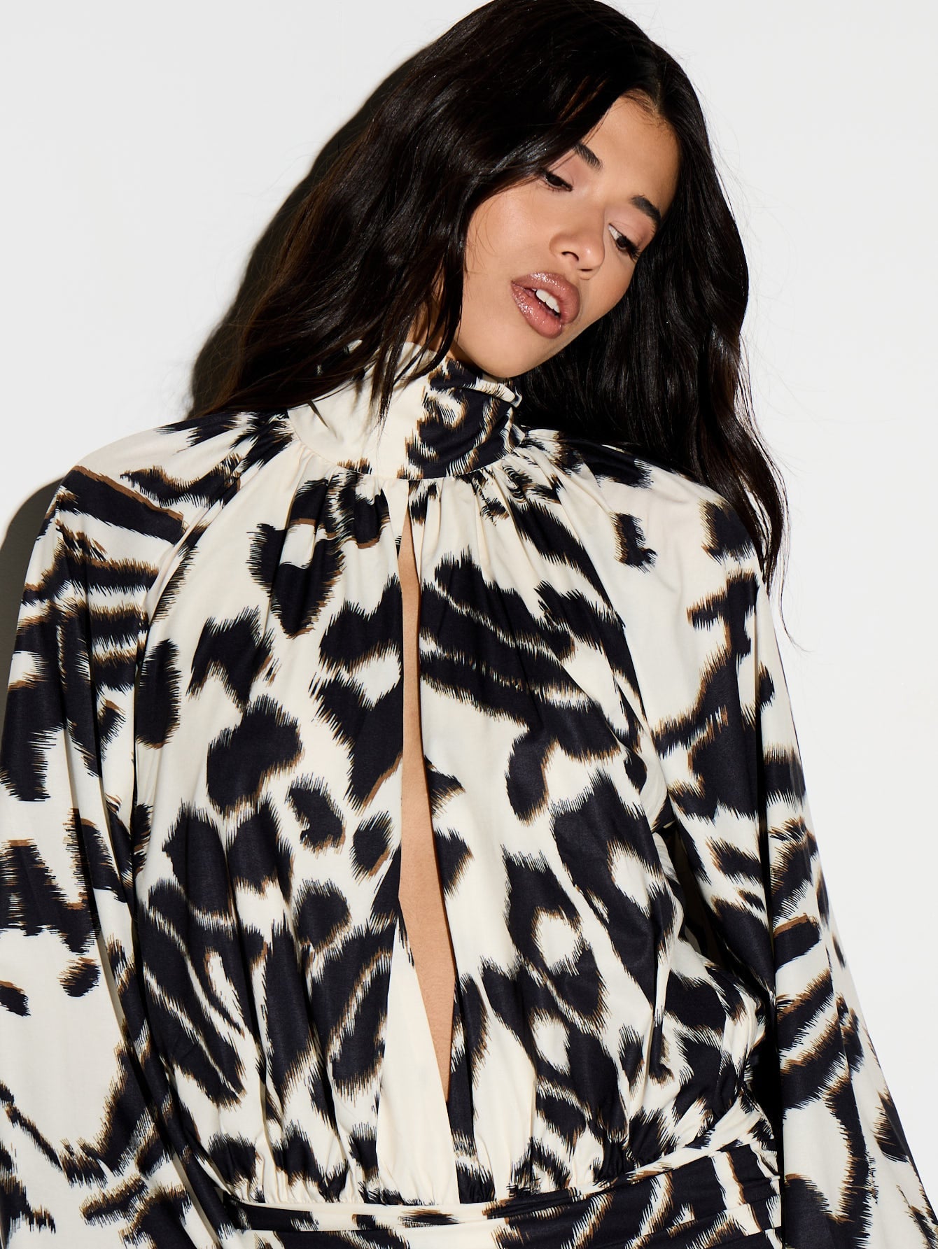 KIZN Animal Print High Neck Plunge Front Mini Dress With Long Puff Sleeves And Ruffle Details Belt Waist Fit Flare Party
