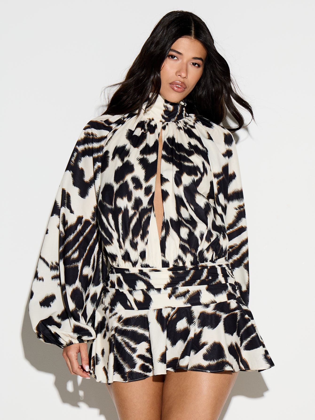 KIZN Animal Print High Neck Plunge Front Mini Dress With Long Puff Sleeves And Ruffle Details Belt Waist Fit Flare Party