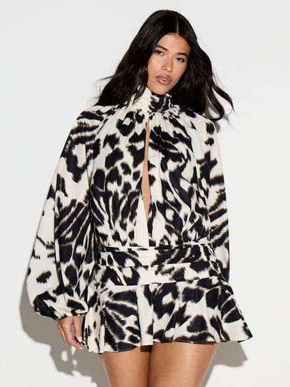 KIZN Animal Print High Neck Plunge Front Mini Dress With Long Puff Sleeves And Ruffle Details Belt Waist Fit Flare Party