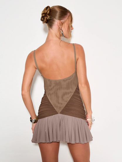KIZN Mini Dress Ruched Panel Evening Party Mesh Insert Flare Hem Chic Holiday Club Wear Elegant Night Out Mini Dress