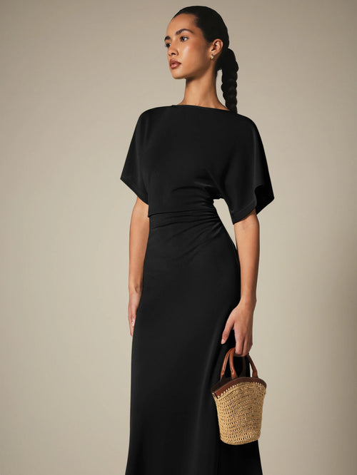KSTM Bateau Neck Midi Dress With Dolman Sleeves And Ruched Waist Detail For Elegant Everyday Style