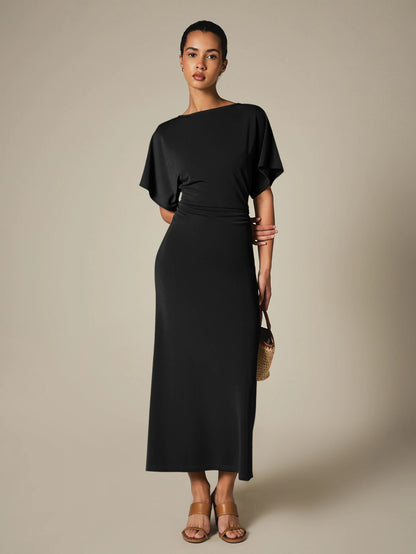 KSTM Bateau Neck Midi Dress With Dolman Sleeves And Ruched Waist Detail For Elegant Everyday Style
