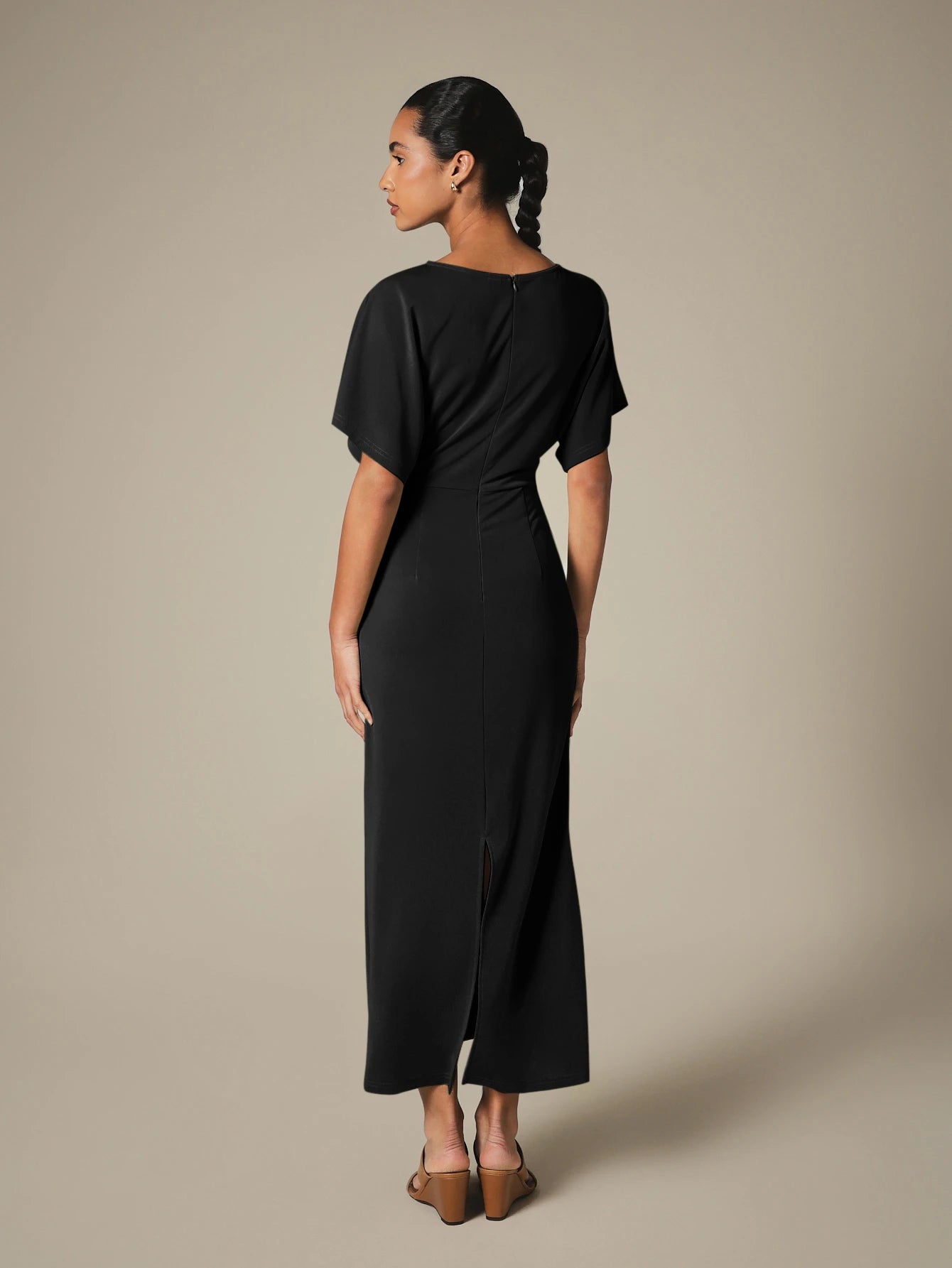 KSTM Bateau Neck Midi Dress With Dolman Sleeves And Ruched Waist Detail For Elegant Everyday Style