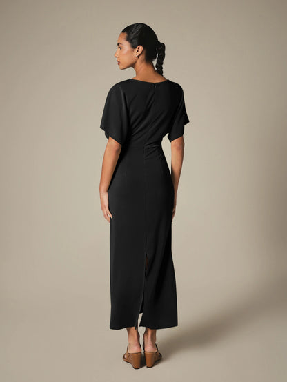 KSTM Bateau Neck Midi Dress With Dolman Sleeves And Ruched Waist Detail For Elegant Everyday Style