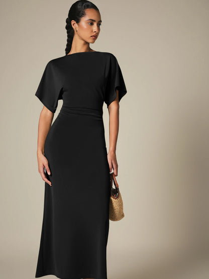 KSTM Bateau Neck Midi Dress With Dolman Sleeves And Ruched Waist Detail For Elegant Everyday Style