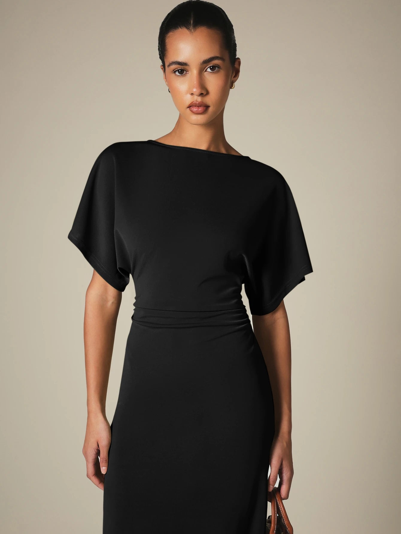 KSTM Bateau Neck Midi Dress With Dolman Sleeves And Ruched Waist Detail For Elegant Everyday Style