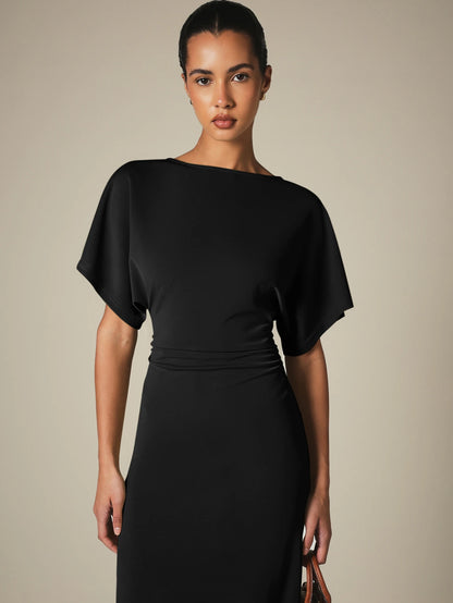 KSTM Bateau Neck Midi Dress With Dolman Sleeves And Ruched Waist Detail For Elegant Everyday Style