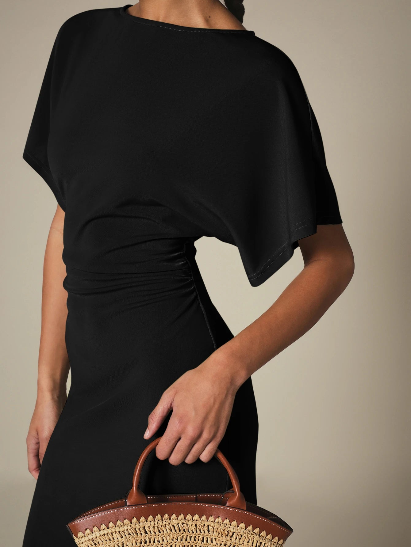 KSTM Bateau Neck Midi Dress With Dolman Sleeves And Ruched Waist Detail For Elegant Everyday Style