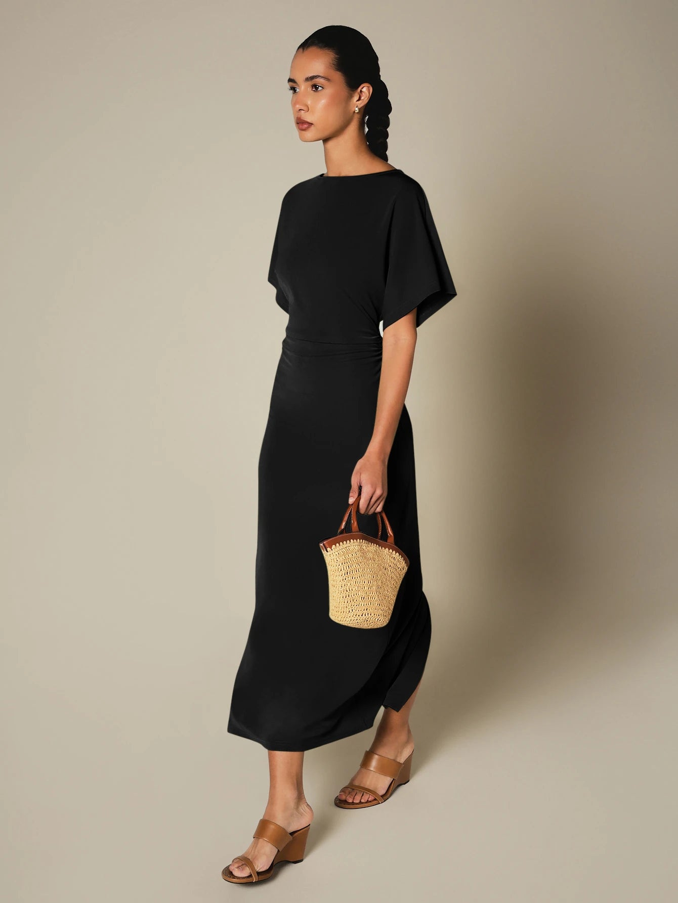 KSTM Bateau Neck Midi Dress With Dolman Sleeves And Ruched Waist Detail For Elegant Everyday Style