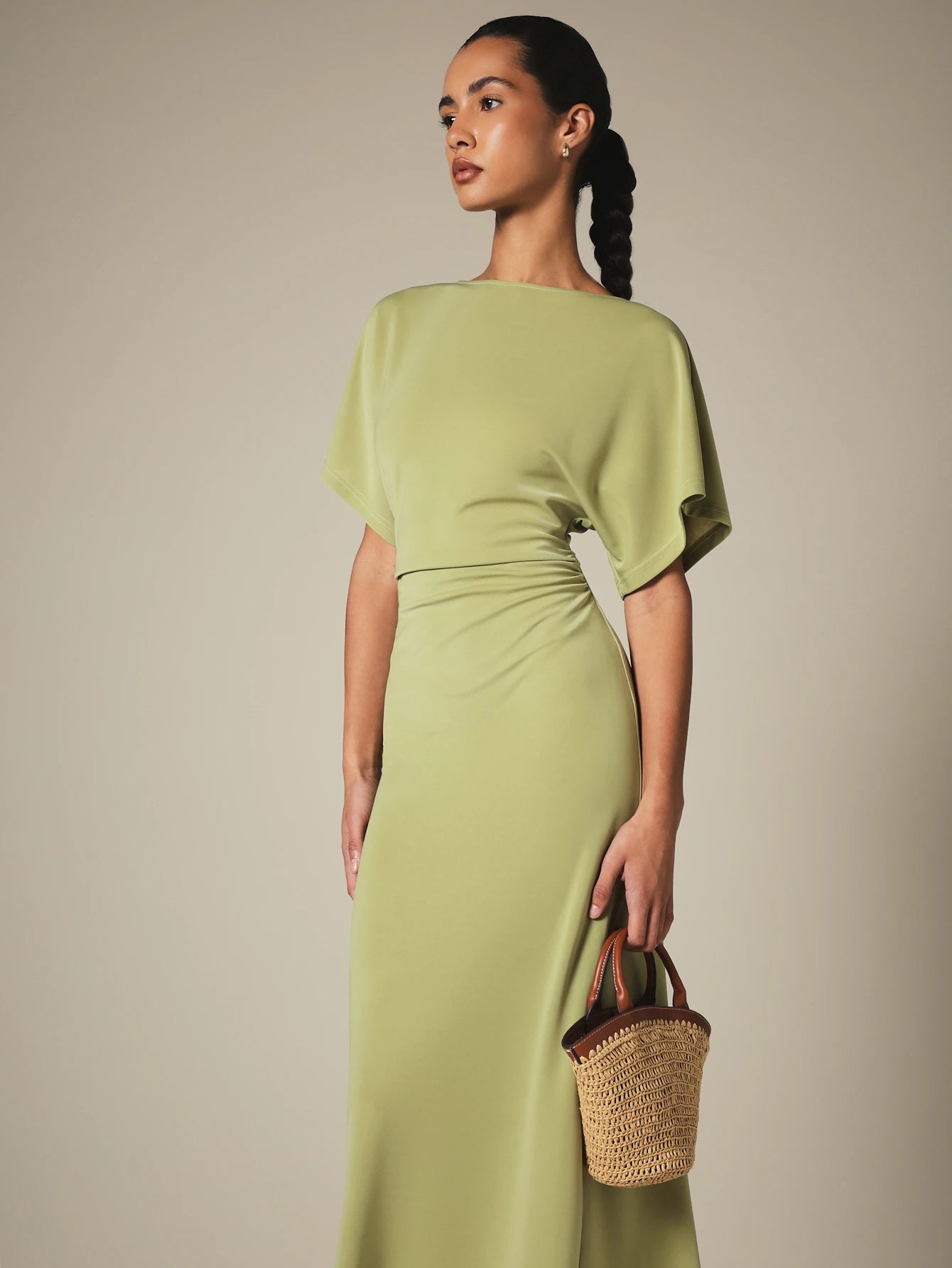 KSTM Bateau Neck Midi Dress With Dolman Sleeves And Ruched Waist Detail For Elegant Everyday Style
