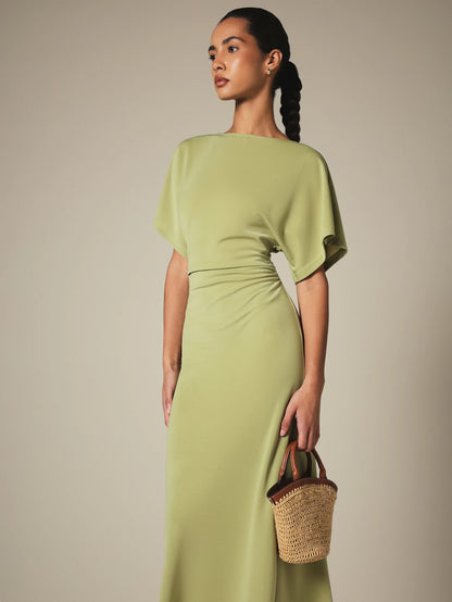 KSTM Bateau Neck Midi Dress With Dolman Sleeves And Ruched Waist Detail For Elegant Everyday Style