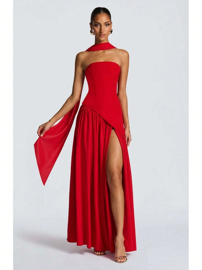 KZKZWK Colorblock Strapless High Split Maxi Dress Elegant Evening Summer Dress For Women
