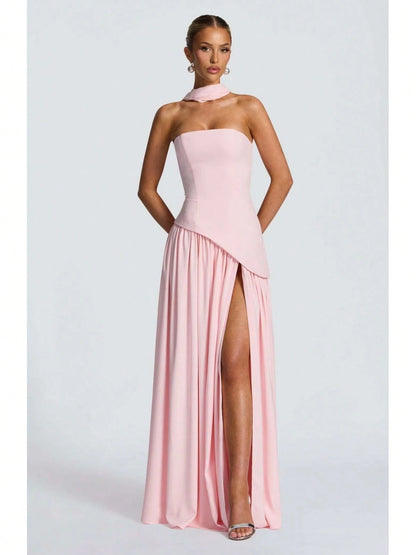KZKZWK Colorblock Strapless High Split Maxi Dress Elegant Evening Summer Dress For Women