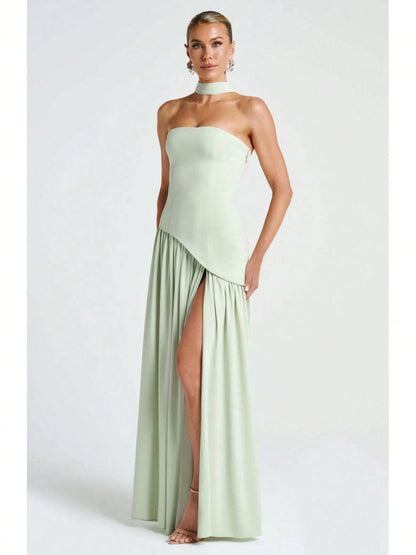 KZKZWK Colorblock Strapless High Split Maxi Dress Elegant Evening Summer Dress For Women