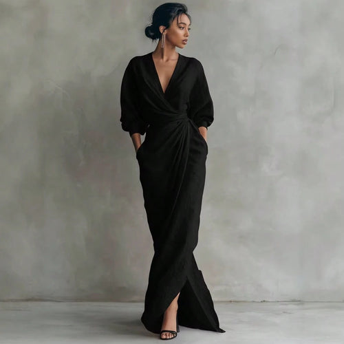 KZKZWK Linen-Blend Wrap Maxi Dress, V-Neck Batwing Sleeve Waist Tie With Slit, Elegant Formal Evening Gown