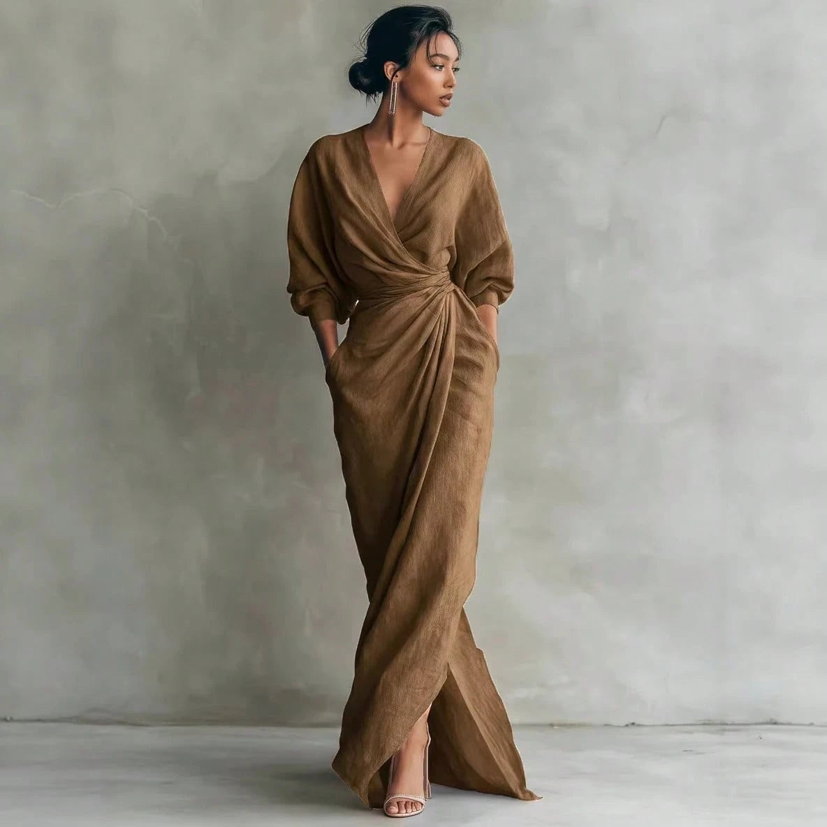 KZKZWK Linen-Blend Wrap Maxi Dress, V-Neck Batwing Sleeve Waist Tie With Slit, Elegant Formal Evening Gown