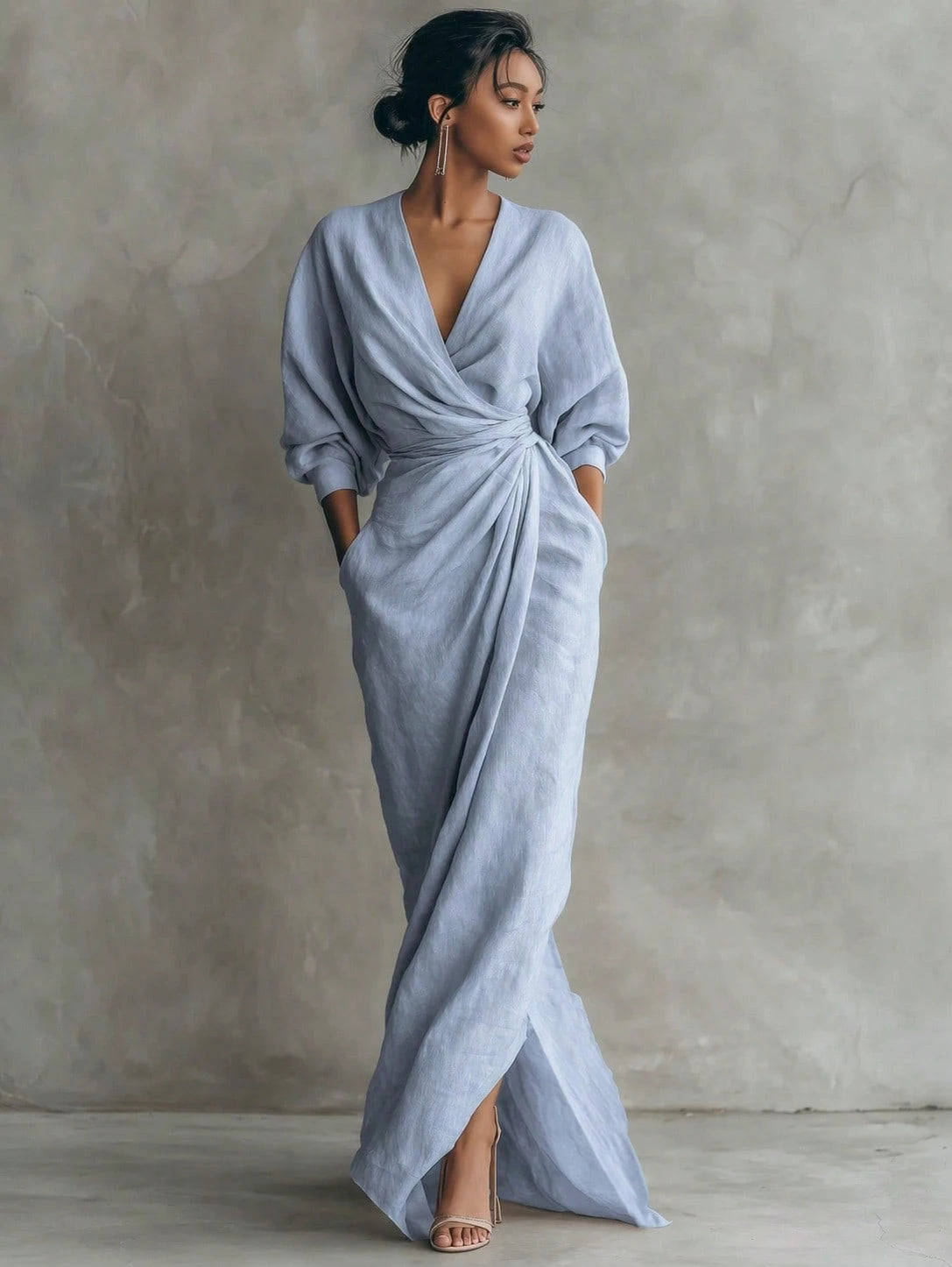 KZKZWK Linen-Blend Wrap Maxi Dress, V-Neck Batwing Sleeve Waist Tie With Slit, Elegant Formal Evening Gown