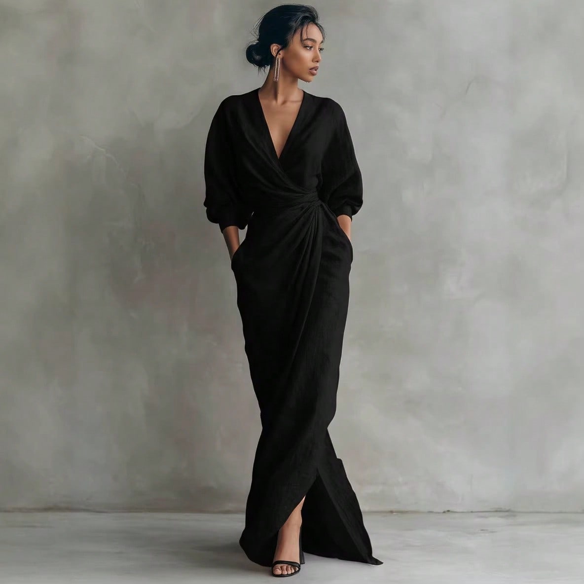 KZKZWK Linen-Blend Wrap Maxi Dress, V-Neck Batwing Sleeve Waist Tie With Slit, Elegant Formal Evening Gown