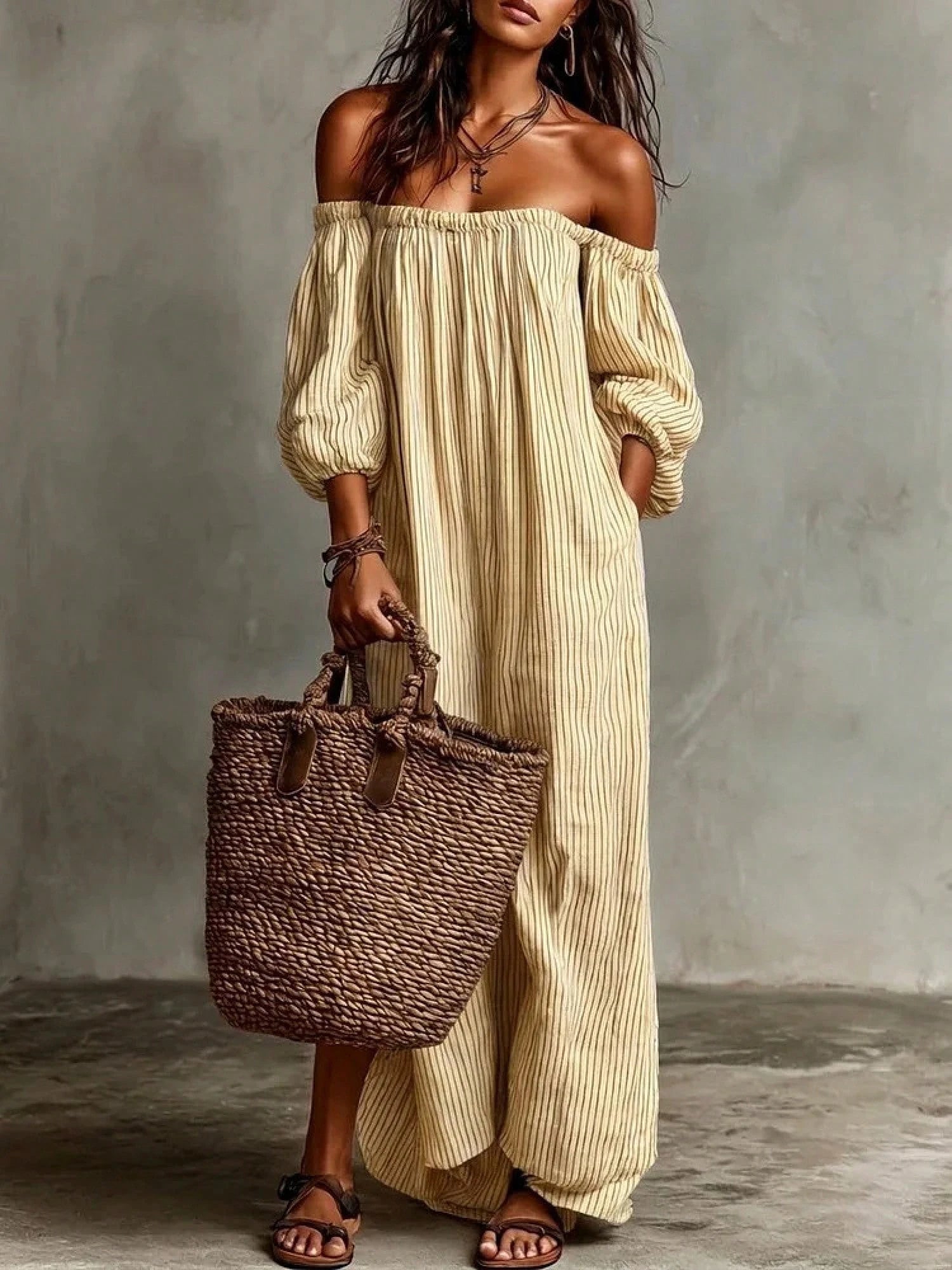 KZKZWK Triped Linen-Blend Maxi Dress, Off Shoulder Puff Sleeve Loose Fit, Casual Boho Vacation Sundress