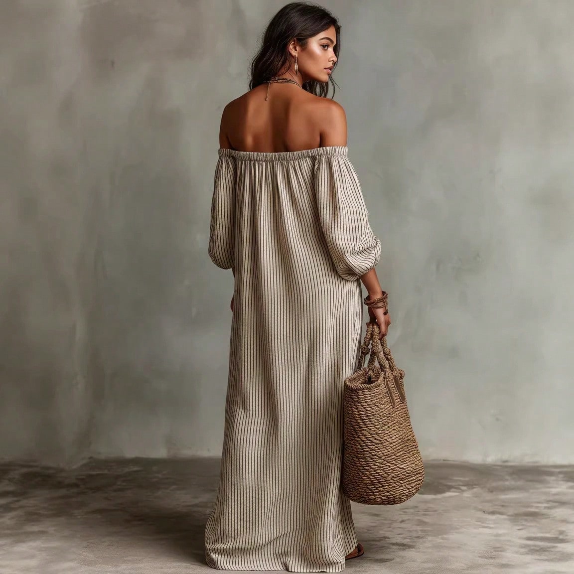 KZKZWK Triped Linen-Blend Maxi Dress, Off Shoulder Puff Sleeve Loose Fit, Casual Boho Vacation Sundress
