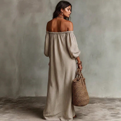 KZKZWK Triped Linen-Blend Maxi Dress, Off Shoulder Puff Sleeve Loose Fit, Casual Boho Vacation Sundress