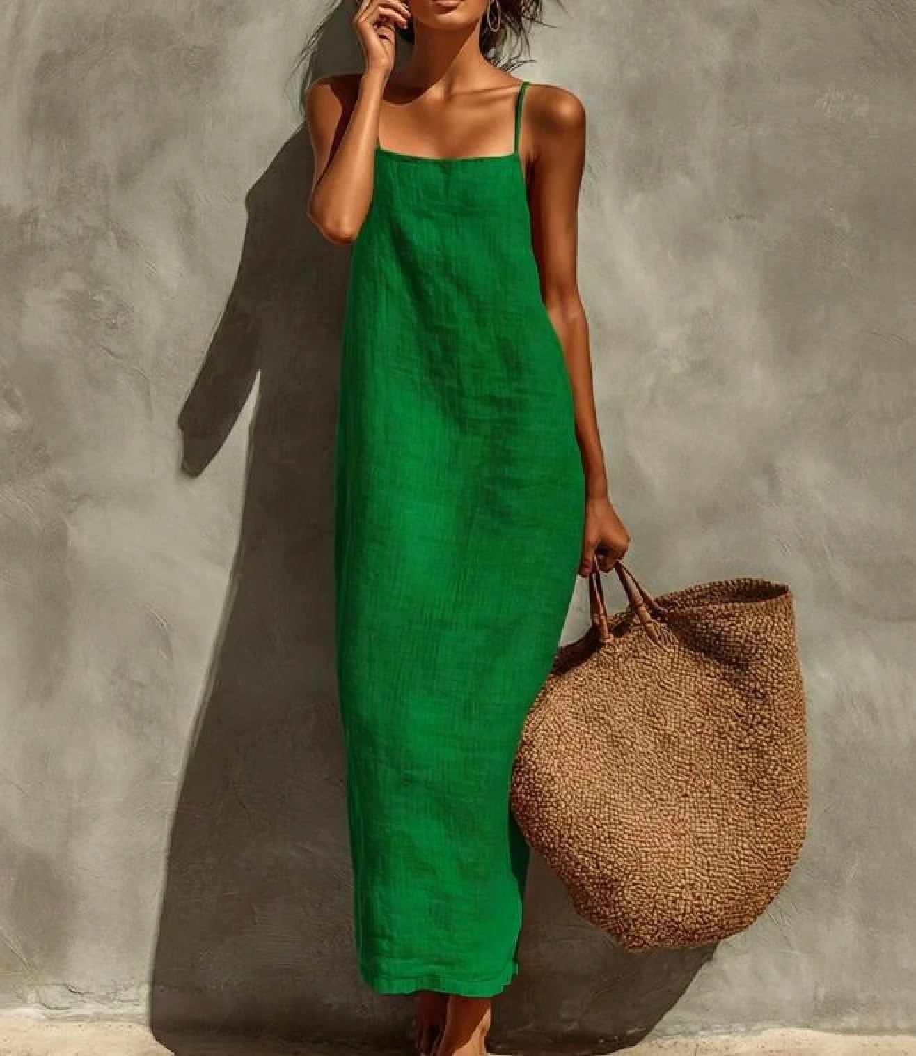 KZKZWK Women's Linen Blend Slip Maxi Dress, Square Neck Sleeveless Casual Dress For Beach & Vacation