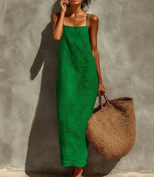 KZKZWK Women's Linen Blend Slip Maxi Dress, Square Neck Sleeveless Casual Dress For Beach & Vacation