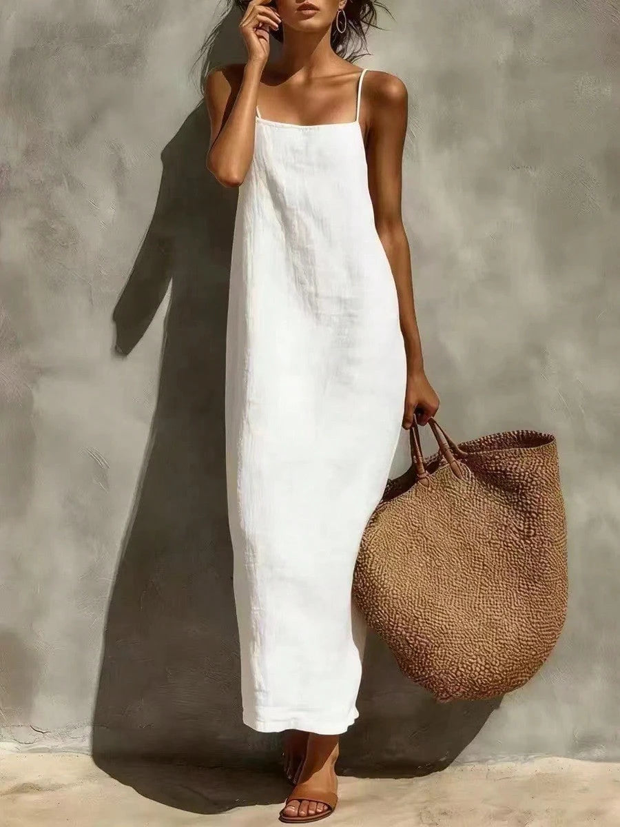 KZKZWK Women's Linen Blend Slip Maxi Dress, Square Neck Sleeveless Casual Dress For Beach & Vacation