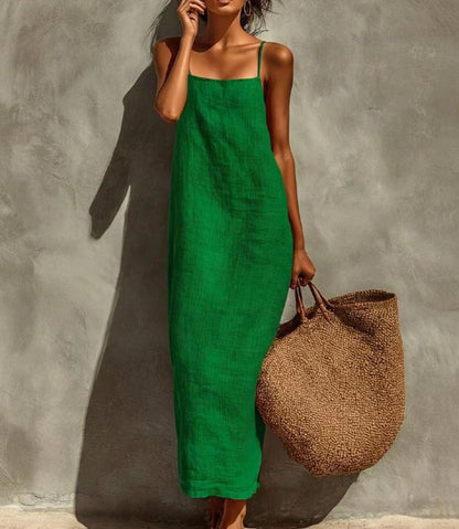 KZKZWK Women's Linen Blend Slip Maxi Dress, Square Neck Sleeveless Casual Dress For Beach & Vacation