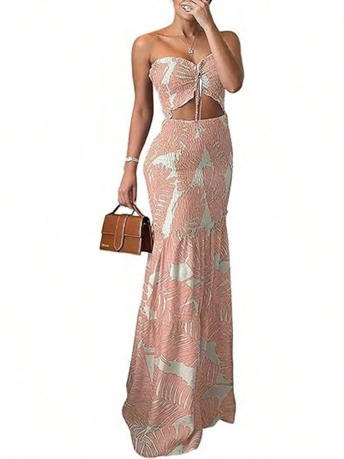 KZKZWK Women's Tropical Leaf Print Strapless Maxi Dress, Viral Sold Out Beach Dress, Cutout Waist Smocked Mermaid Dress, Flowy Tiered Hem, Summer Vacation Ou