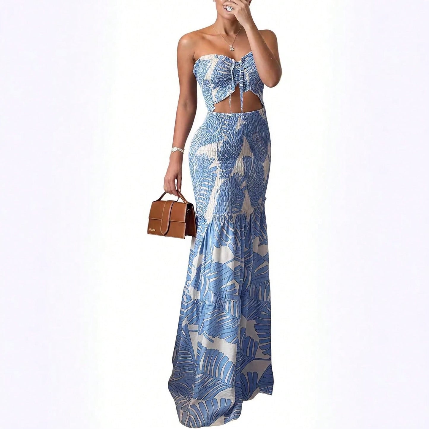 KZKZWK Women's Tropical Leaf Print Strapless Maxi Dress, Viral Sold Out Beach Dress, Cutout Waist Smocked Mermaid Dress, Flowy Tiered Hem, Summer Vacation Ou