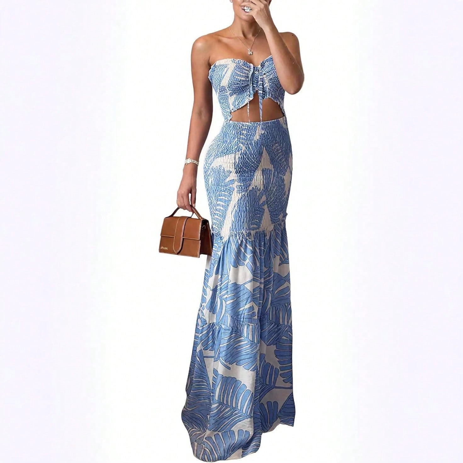 KZKZWK Women's Tropical Leaf Print Strapless Maxi Dress, Viral Sold Out Beach Dress, Cutout Waist Smocked Mermaid Dress, Flowy Tiered Hem, Summer Vacation Ou