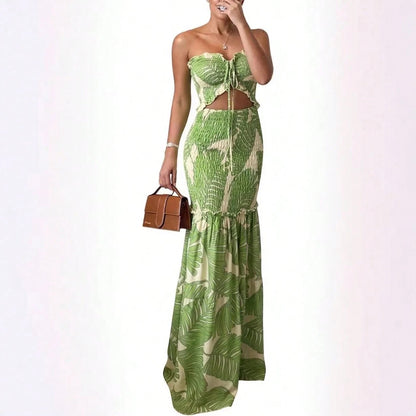 KZKZWK Women's Tropical Leaf Print Strapless Maxi Dress, Viral Sold Out Beach Dress, Cutout Waist Smocked Mermaid Dress, Flowy Tiered Hem, Summer Vacation Ou